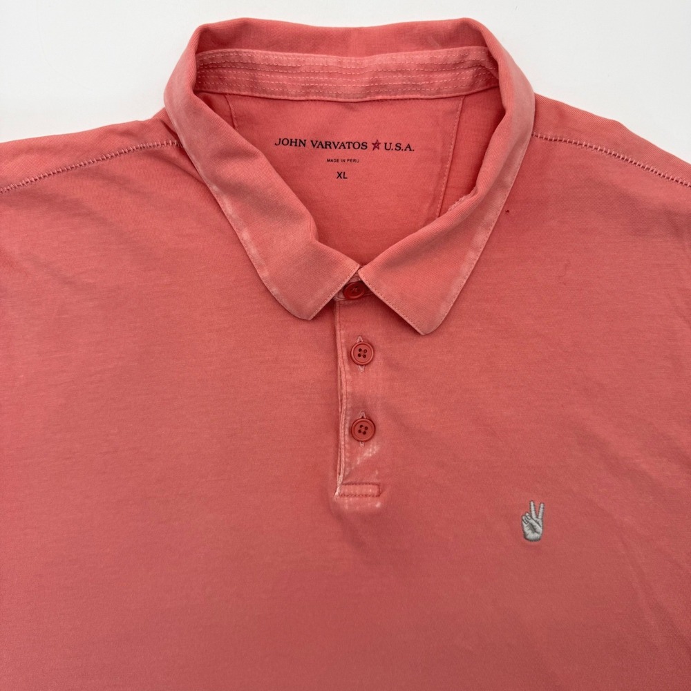 John Varvatos USA Polo Shirt Mens XL Coral Pink Peace Sign Logo Cotton !READ!